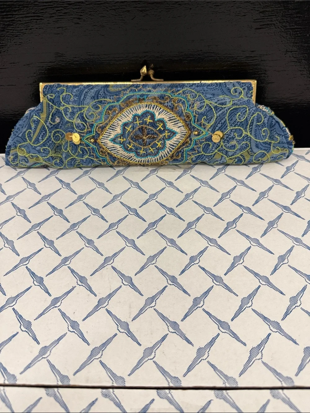 Hand-Embroidered Blue Evening Clutch with Gold Frame